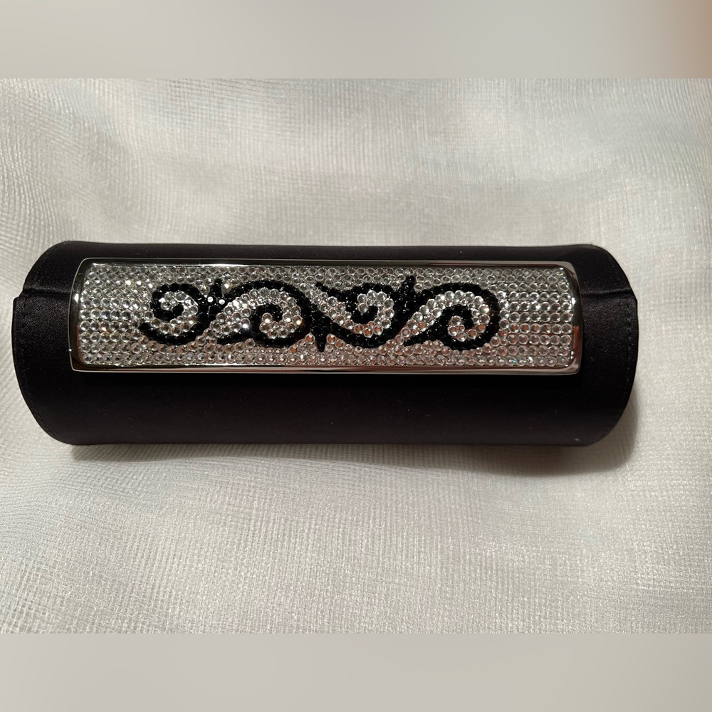 La Regale black satin cylinder clutch purse with beaded closure